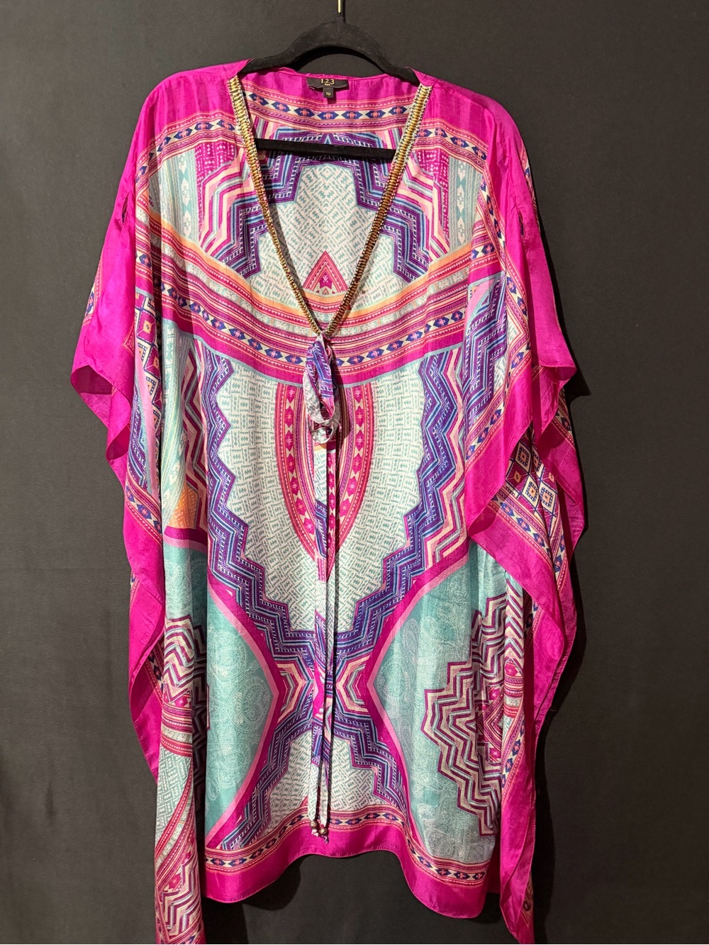Vibrant Pink & Aqua Geometric Silk Kaftan